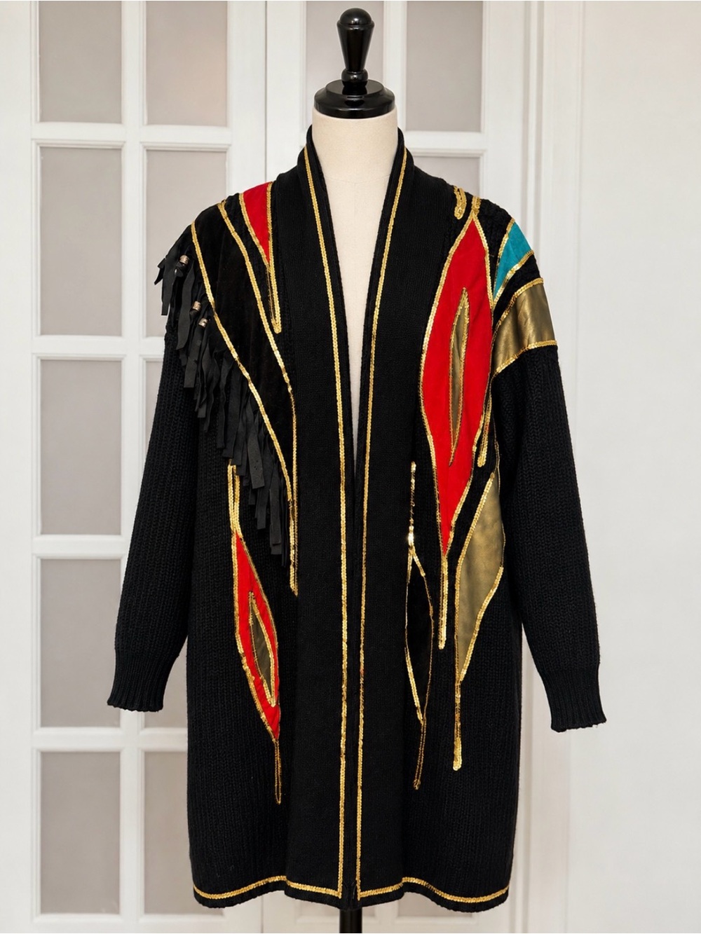 Vintage Class Boutique USA Small Sequin Fringe Cardigan Sweater Wearable Art